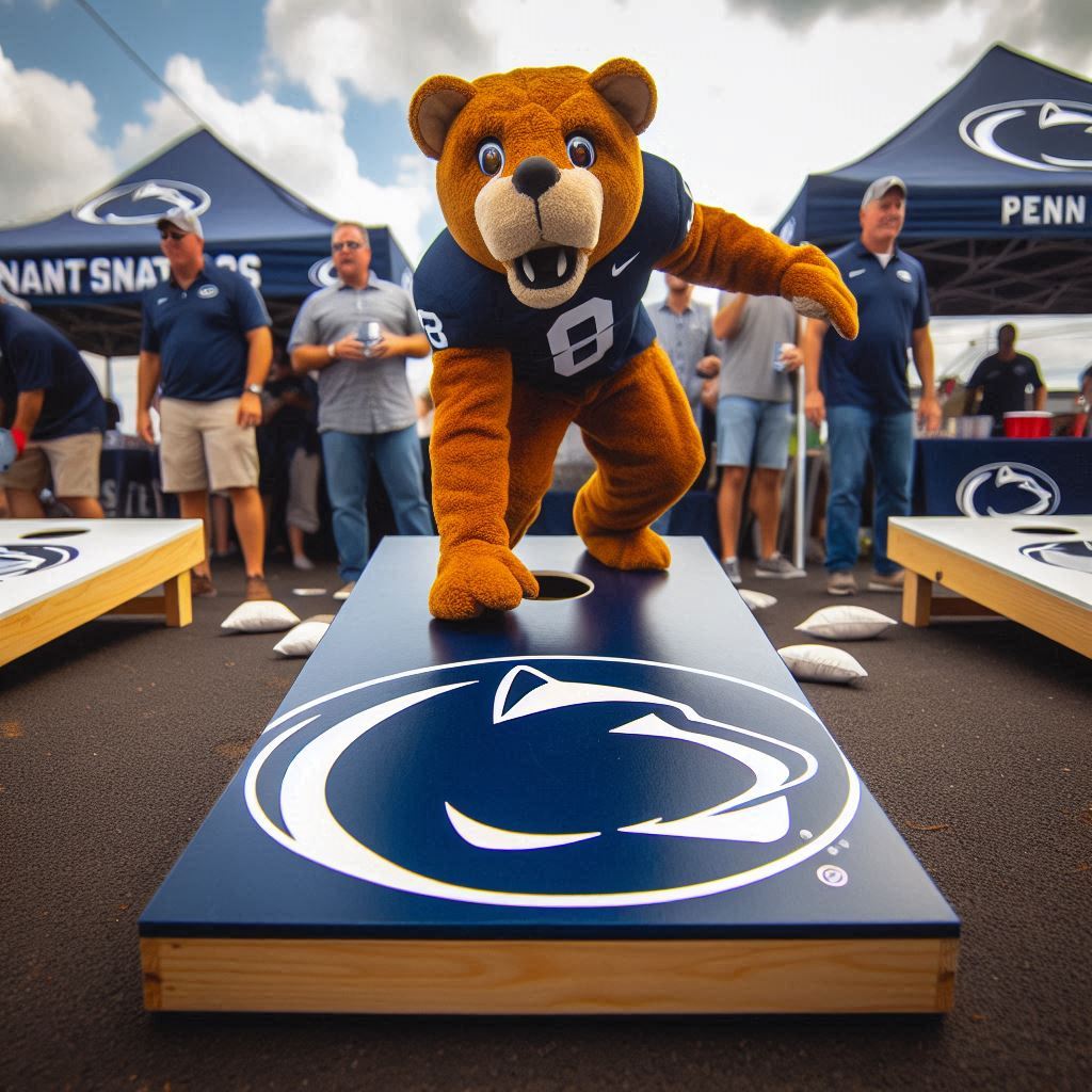 Penn State Nittany Lion standing on a cornhole board at a tailgate.